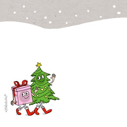 Kerstkaart wandelende kerstboom en kerstkado 2