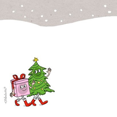 Kerstkaart wandelende kerstboom en kerstkado 2