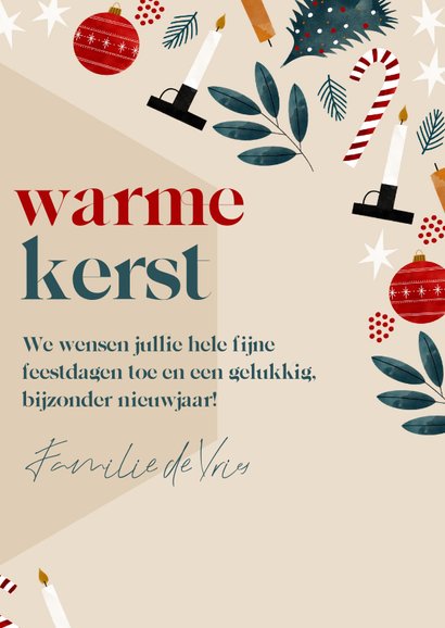 Kerstkaart warme kerst met illustraties kerstboom kerstbal 3