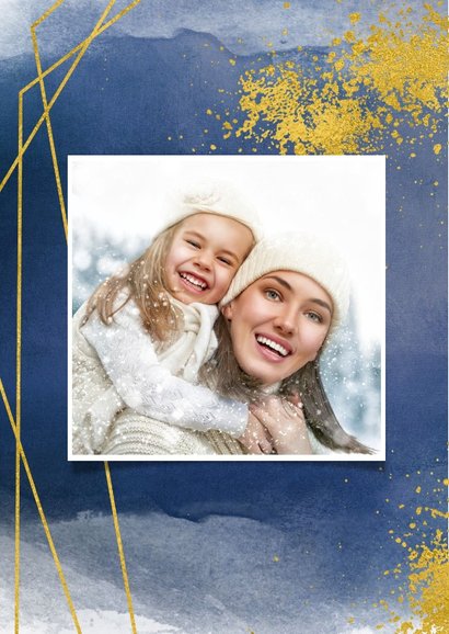 Kerstkaart waterverf blauw met goud spetters en kader foto 2