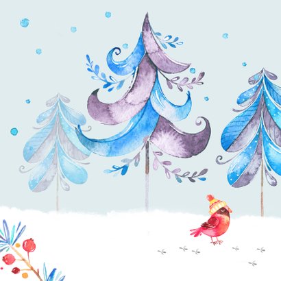 Kerstkaart winter met beer, vogels en dennenbomen 2