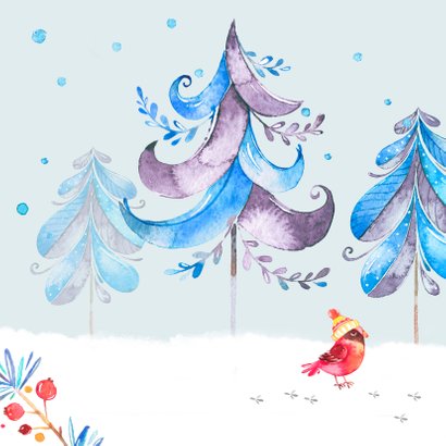 Kerstkaart winter met beer, vogels en dennenbomen 2