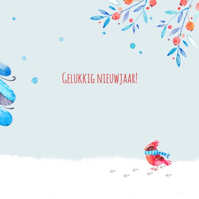 Kerstkaart winter met beer, vogels en dennenbomen 3