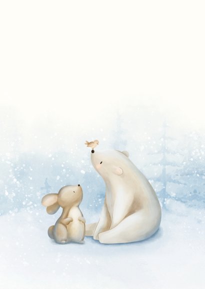 Kerstkaart winter met een konijn ijsbeer en vogeltje 2