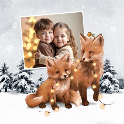 Kerstkaart winter vosjes landschap kerstlampjes 2