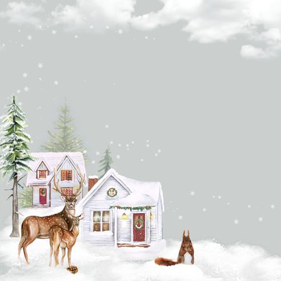 Kerstkaart winterlandschap huisjes met herten en eekhoorn 2