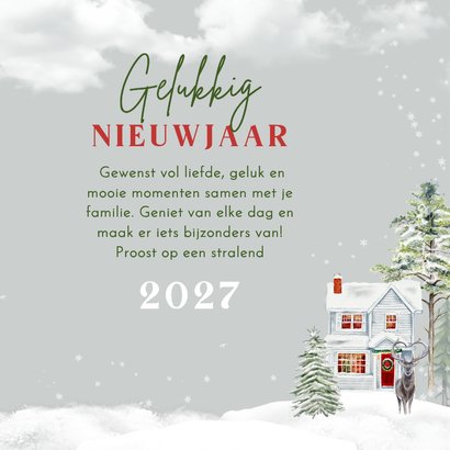 Kerstkaart winterlandschap huisjes met herten en eekhoorn 3