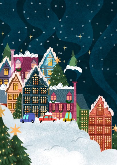 Kerstkaart winterlijk kleurrijk wonder dorp 2
