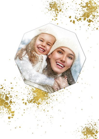 Kerstkaart wit goudspetters en diamant met foto 2