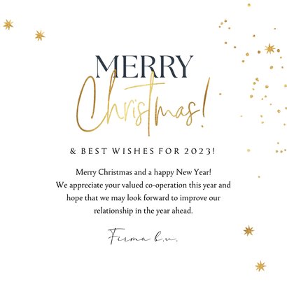 Kerstkaart zakelijk kerstballen goudfolie internationaal 3