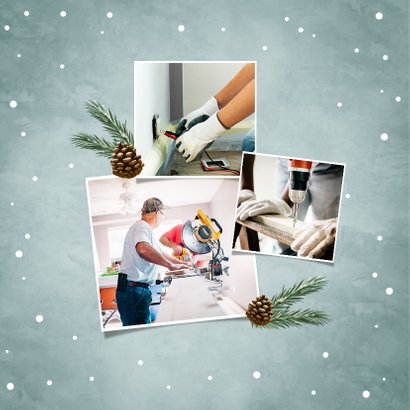 Kerstkaart zakelijk stoer met industrieel hout en lampjes 2