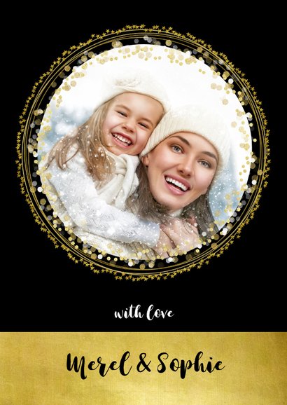 Kerstkaart zwart goud cirkels sterren en confetti 3