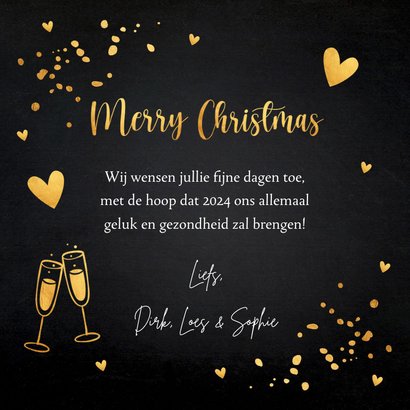 Kerstkaart zwart goudlook typografie champagne hartjes 3