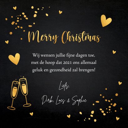 Kerstkaart zwart goudlook typografie champagne hartjes 3