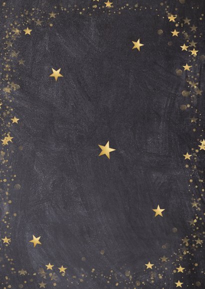 Kerstkaart zwart met gouden sterren en eigen foto Achterkant
