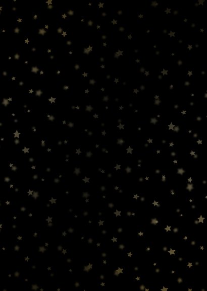 Kerstkaart zwart sterren met gouden accent en foto Achterkant