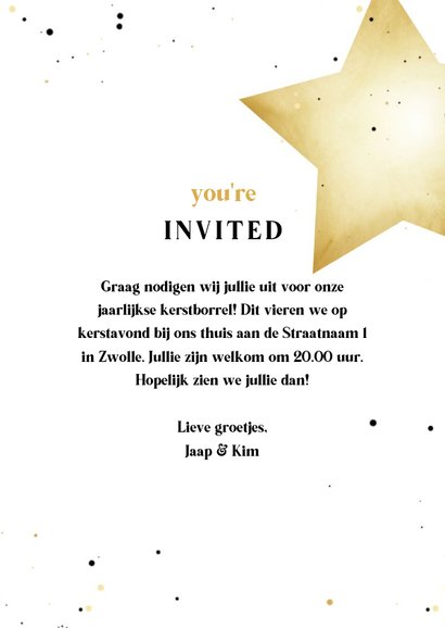 Kerstkaart zwart wit goud kerstborrel met sterren 3