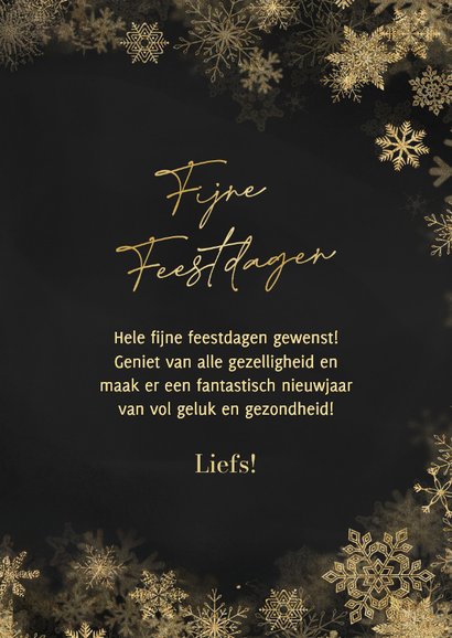 Kerstkaartje fijne feestdagen sneeuwvlokken goud 3