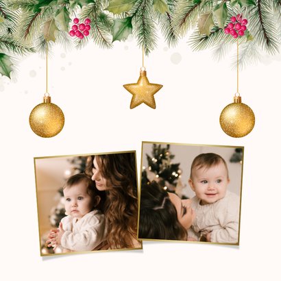 Kerstkaartje fotocollage hulst kerstballen goudlook 2
