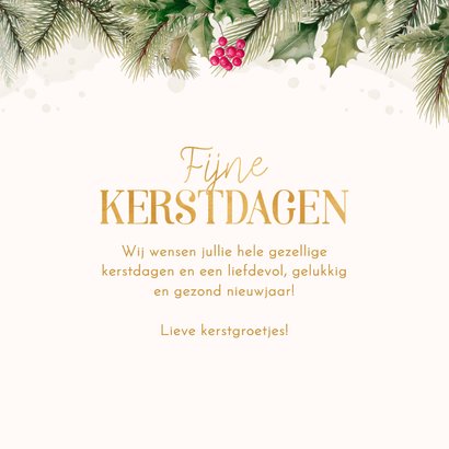 Kerstkaartje fotocollage hulst kerstballen goudlook 3