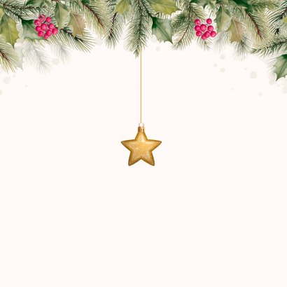 Kerstkaartje fotocollage hulst kerstballen goudlook Achterkant