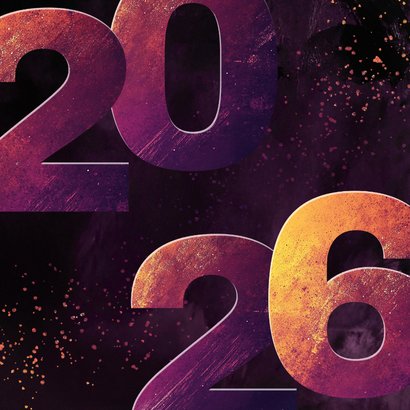 Kerstkaartje met groot 2026 in het paars en geel fijne kerst 2