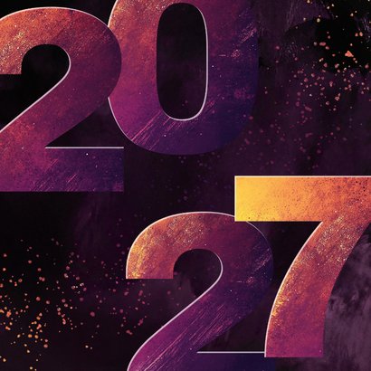 Kerstkaartje met groot 2027 in het paars en geel fijne kerst 2
