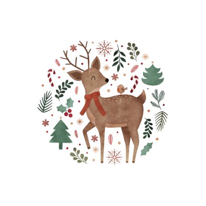 Kerstkaartje met hert, roodborstje en vrolijke illustraties 2