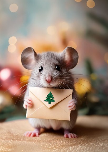 Kerstkaartje met schattig muisje piepklein berichtje kerst 2