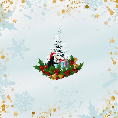 Kerstman met Rudolf, kerstboom en vogeltje met kerstbal Achterkant
