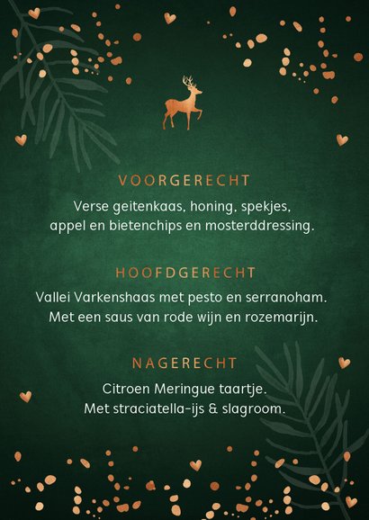 Kerstmenukaart donkergroen confetti koperlook 3