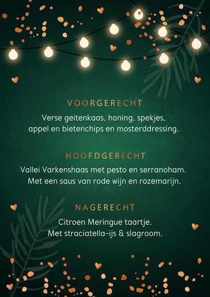 Kerstmenukaart donkergroen confetti koperlook 3