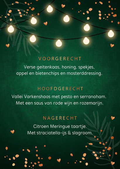 Kerstmenukaart donkergroen confetti koperlook 3