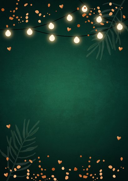 Kerstmenukaart donkergroen confetti koperlook Achterkant