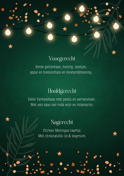 Kerstmenukaart groen lampjes koperlook sterren 3