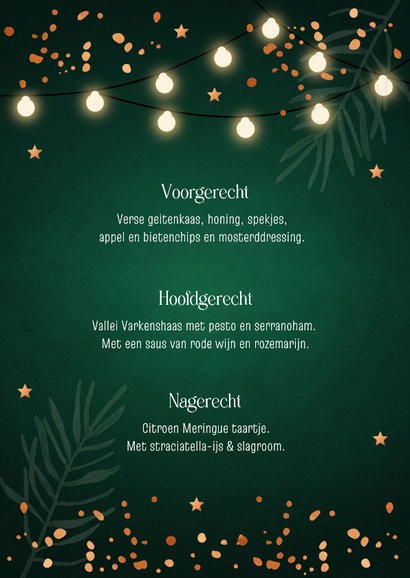 Kerstmenukaart groen lampjes koperlook sterren 3