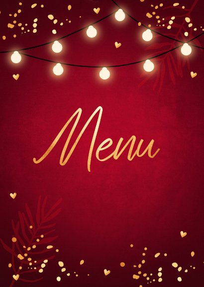 Kerstmenukaart lampjes confetti goudlook 2