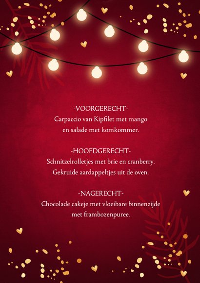 Kerstmenukaart lampjes confetti goudlook 3