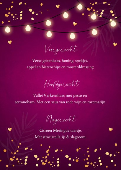 Kerstmenukaart paars goudlook confetti lampjes 3