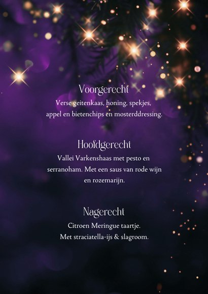 Kerstmenukaart paars lichtjes sterren goudlook 3