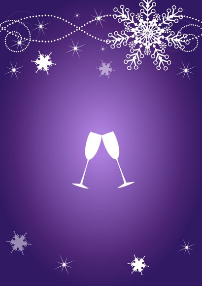 Kerstmenukaart paars sneeuwvlokken champagneglazen 2