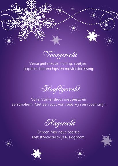Kerstmenukaart paars sneeuwvlokken champagneglazen 3