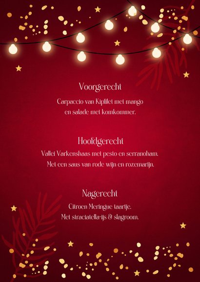 Kerstmenukaart rood lampjes goudlook rechthoekig 3