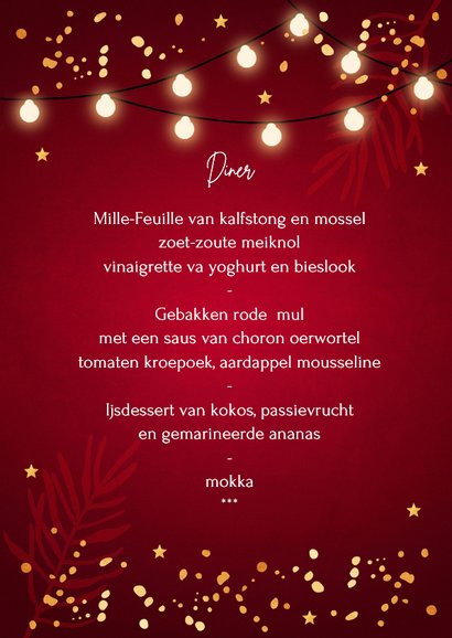 Kerstmenukaart rood lampjes goudlook rechthoekig 3