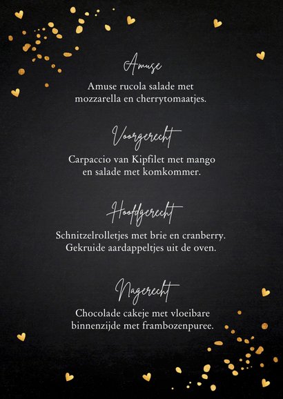 Kerstmenukaart zwart goudlook hartjes 3