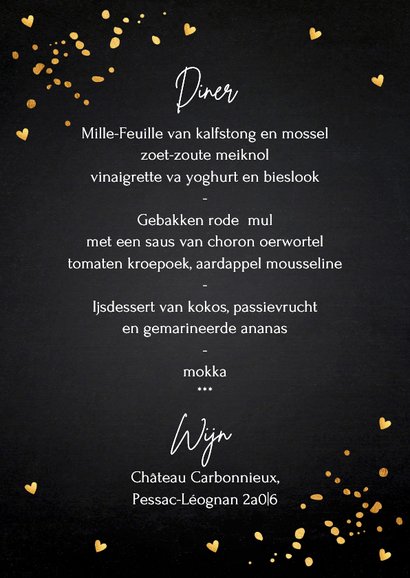 Kerstmenukaart zwart goudlook hartjes 3