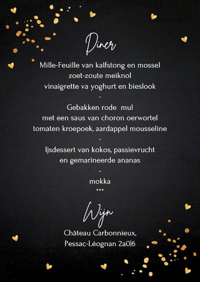 Kerstmenukaart zwart goudlook hartjes 3