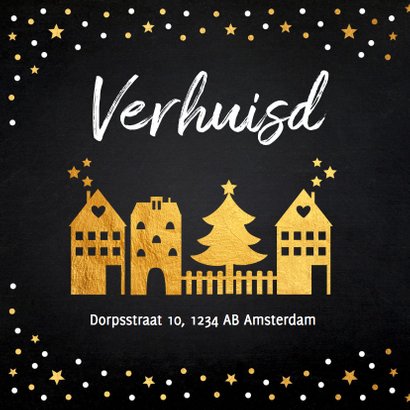 Kerstverhuiskaart gouden confetti huisjes 2