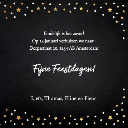 Kerstverhuiskaart gouden confetti huisjes 3