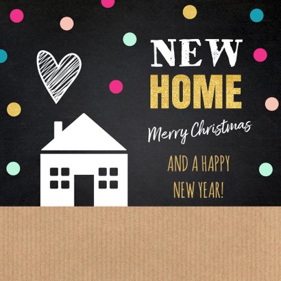 Kerstverhuiskaart label huis kraft krijtbord stippen 2